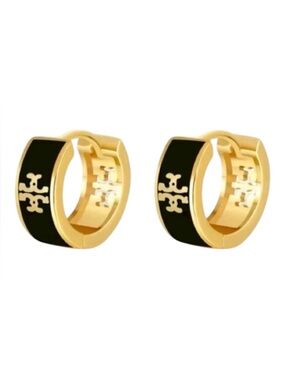 Black Enamel Gold Huggie Hoop Earrings Double T Logo
